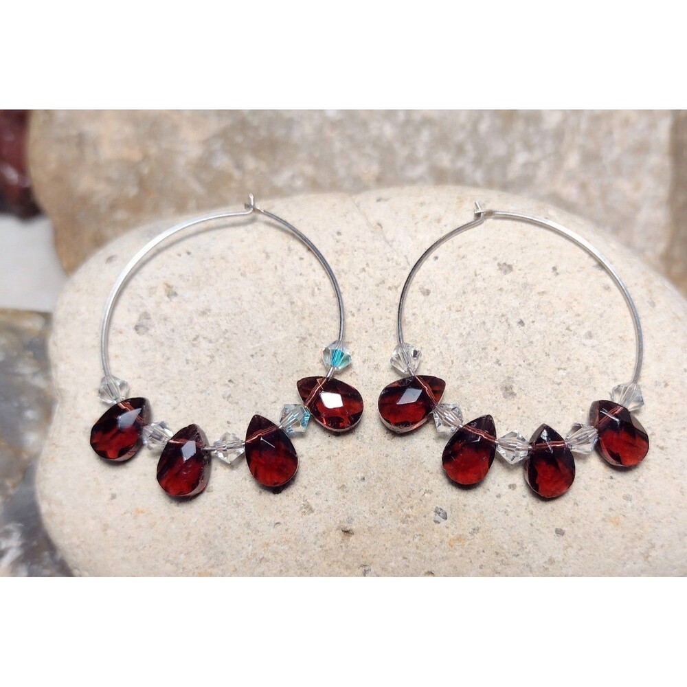 Sterling Silver Wire Hoop Garnet Aurora Borealis Crystal Beaded Dangle Earrings